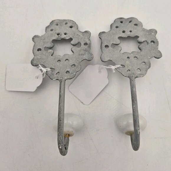 Vintage Cast Iron Wall Hooks with Ceramic Tip Rustic Ash Patina Coat Hat Hanger - Picture 6 of 11